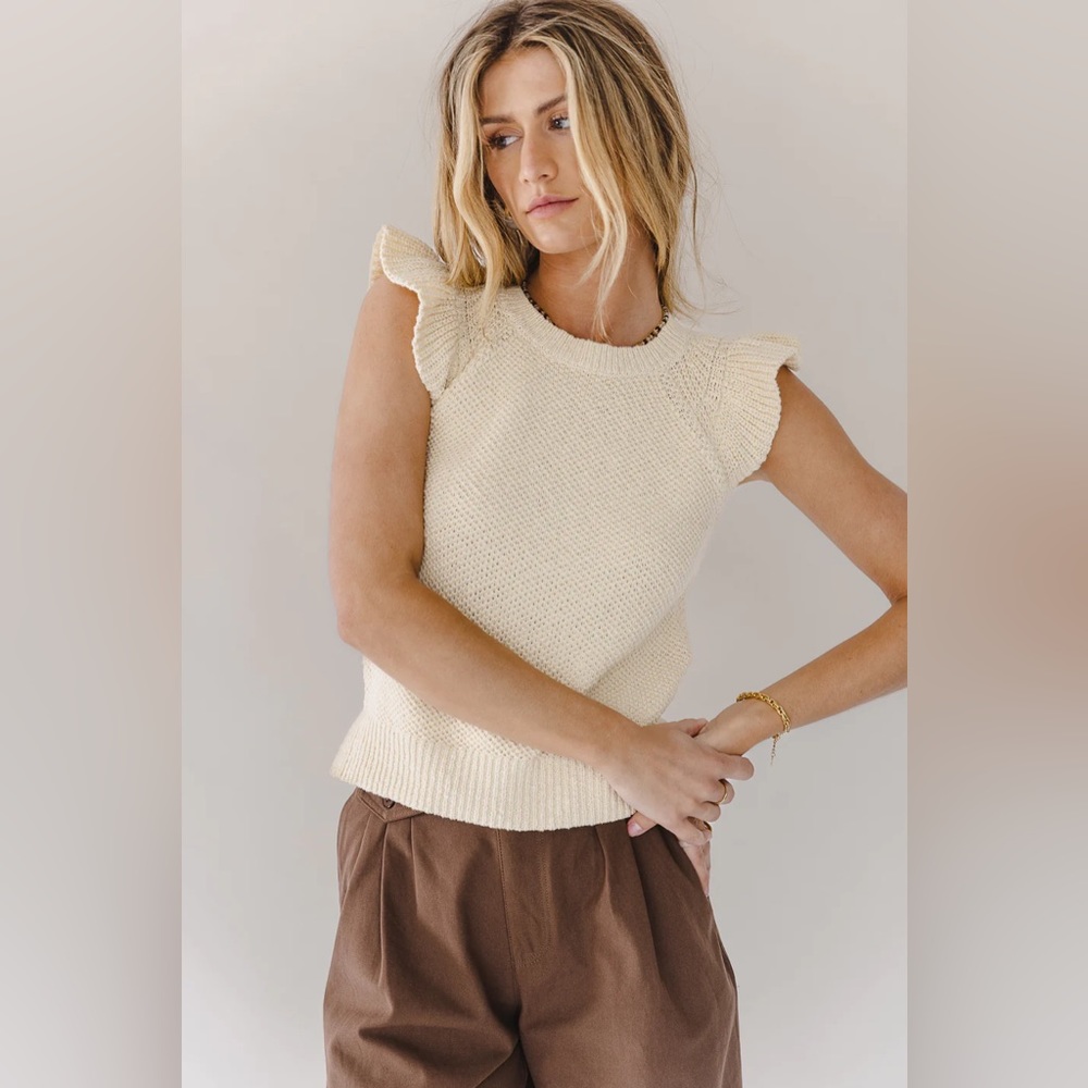 Bohme Cream Knit Flutter Sleeve Top